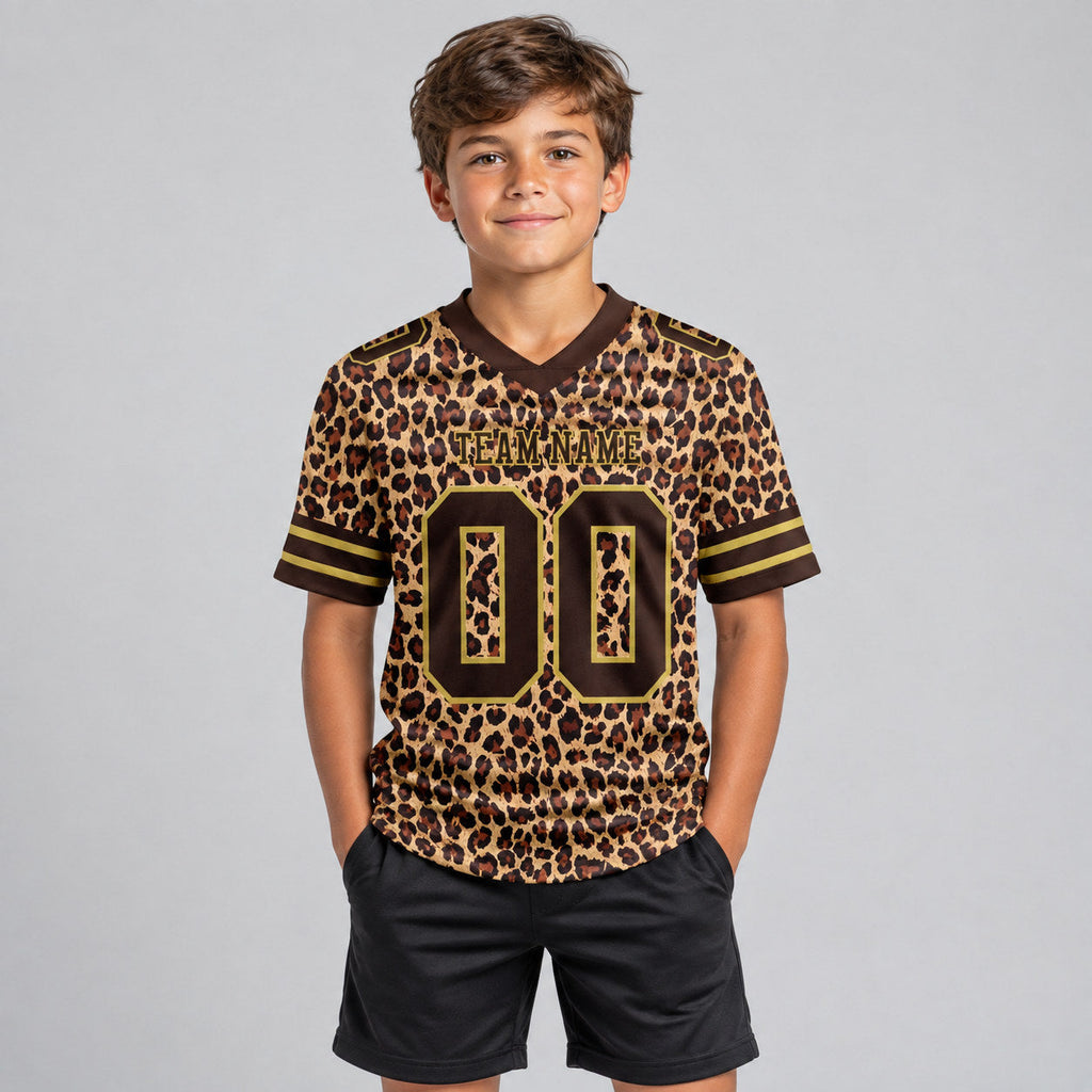 Custom Brown Leopard Print Authentic Football Jersey with Old Gold Lettering youth size worn by child model