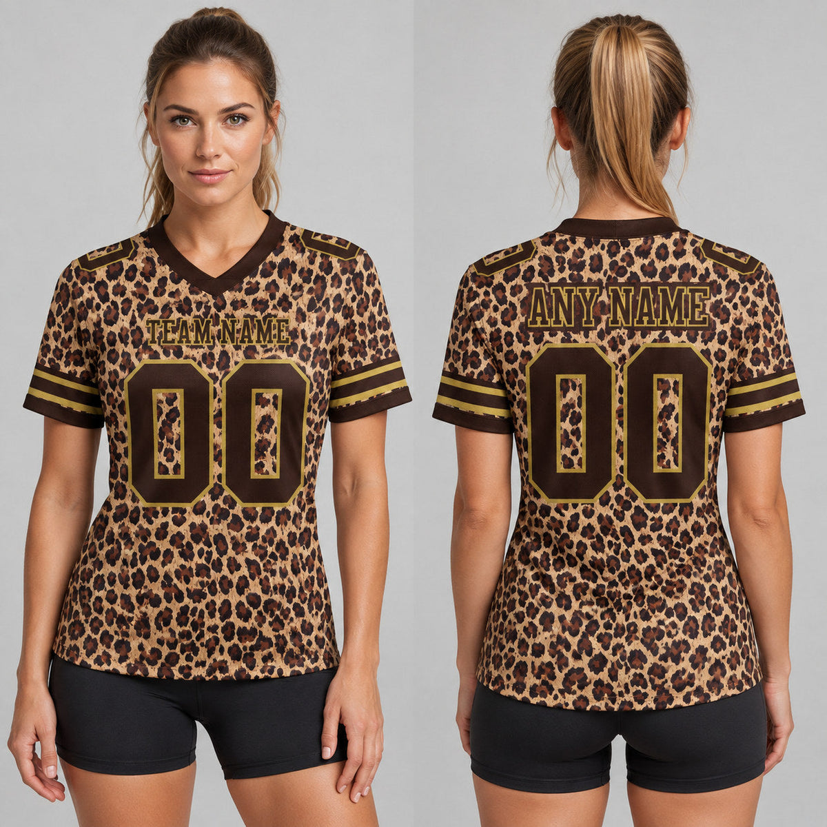 Custom Brown Leopard Print Authentic Football Jersey with Old Gold Lettering worn by female model