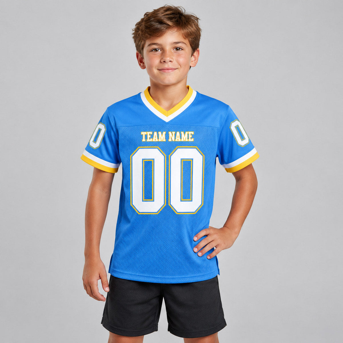 Custom Powder Blue Mesh Authentic Football Jersey with White and Gold Lettering Design 0152 youth size worn by child model