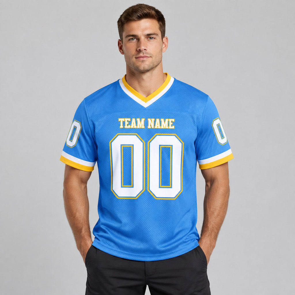 Custom Powder Blue Mesh Authentic Football Jersey with White and Gold Lettering Design 0152 worn by male model