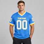 Custom Powder Blue Mesh Authentic Football Jersey with White and Gold Lettering Design 0152 worn by male model