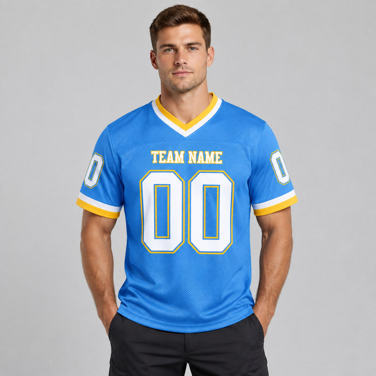 Custom Powder Blue Mesh Authentic Football Jersey with White and Gold Lettering Design 0152 worn by male model