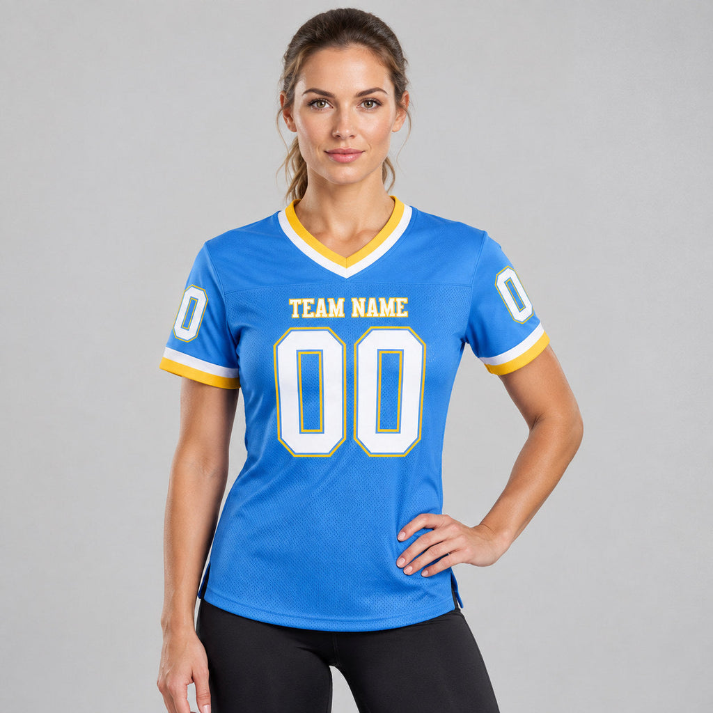 Custom Powder Blue Mesh Authentic Football Jersey with White and Gold Lettering Design 0152 worn by female model