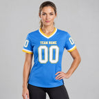 Custom Powder Blue Mesh Authentic Football Jersey with White and Gold Lettering Design 0152 worn by female model