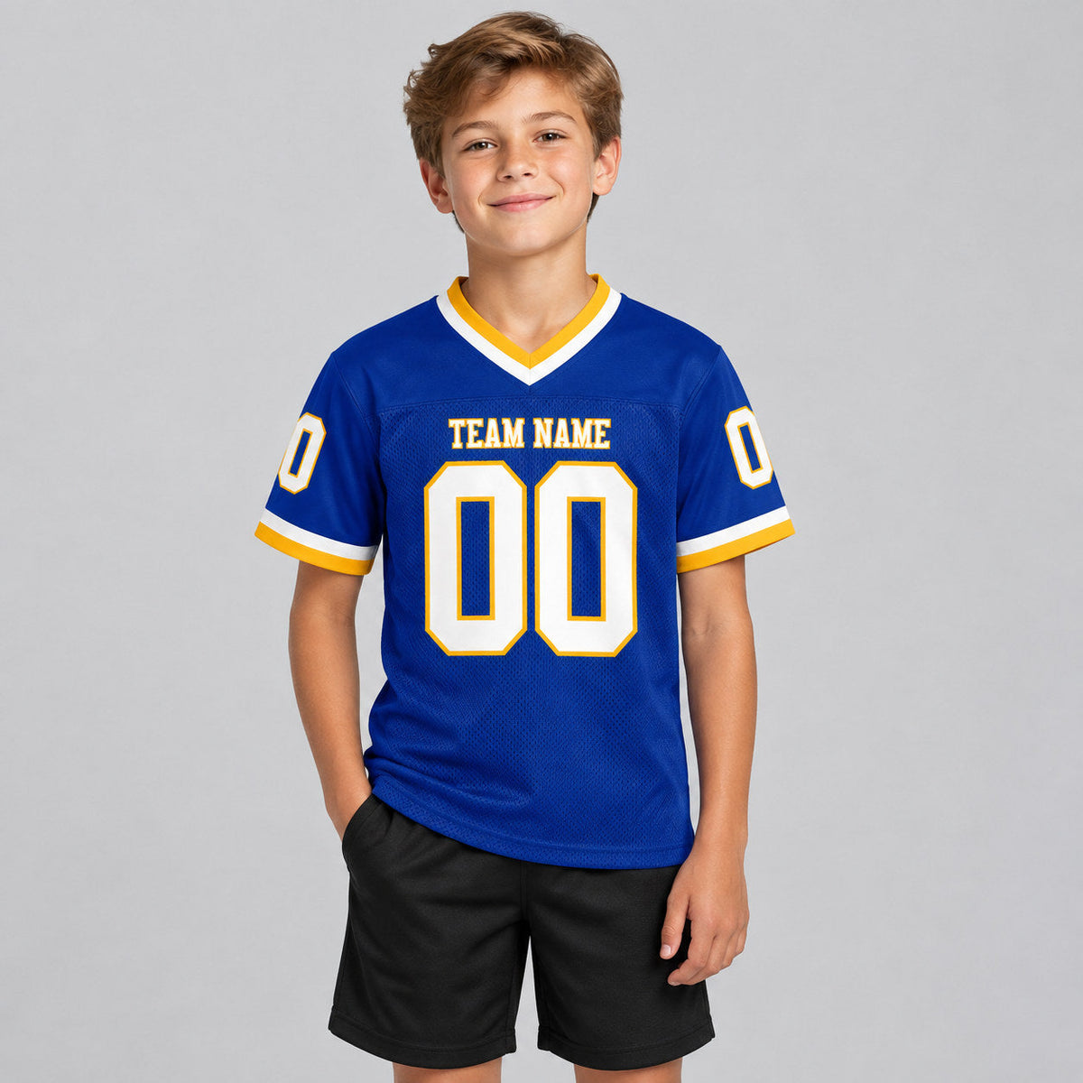 Custom Royal Mesh Authentic Football Jersey with White and Gold Lettering Design 0728 youth size worn by child model