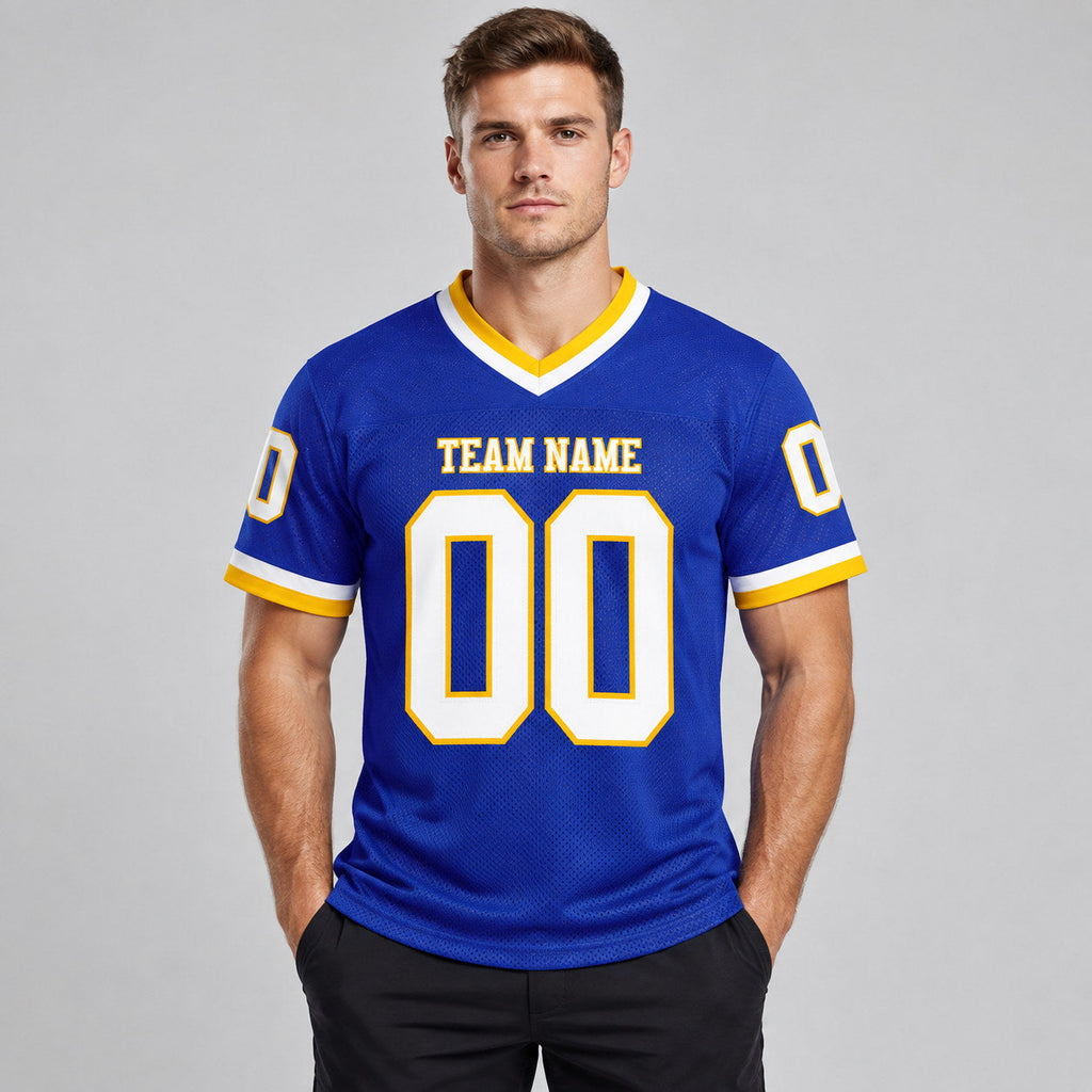 Custom Royal Mesh Authentic Football Jersey with White and Gold Lettering Design 0728 worn by male model