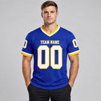Custom Royal Mesh Authentic Football Jersey with White and Gold Lettering Design 0728 worn by male model