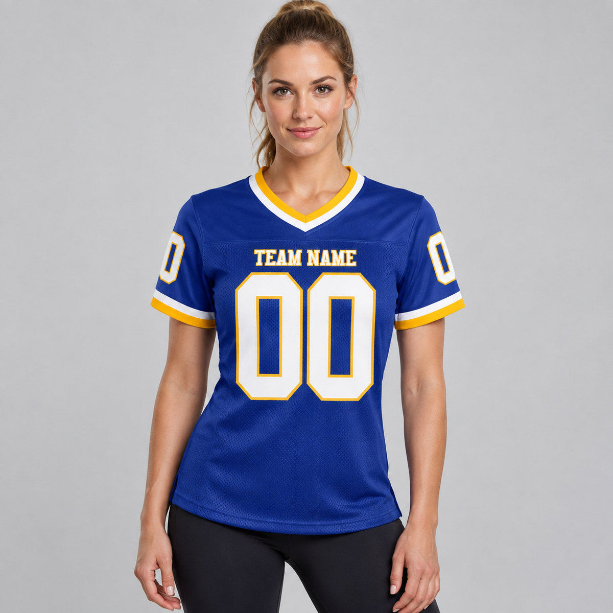 Custom Royal Mesh Authentic Football Jersey with White and Gold Lettering Design 0728 worn by female model