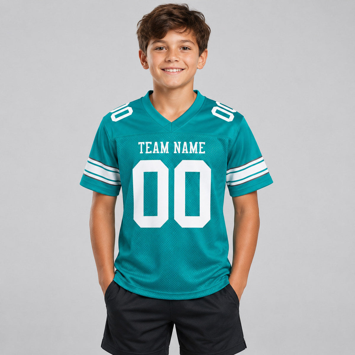 Custom Aqua Mesh Authentic Football Jersey with White Lettering youth size worn by child model