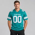 Custom Aqua Mesh Authentic Football Jersey with White Lettering worn by male model