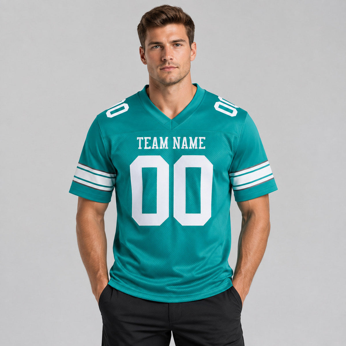 Custom Aqua Mesh Authentic Football Jersey with White Lettering worn by male model
