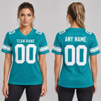 Custom Aqua Mesh Authentic Football Jersey with White Lettering worn by female model
