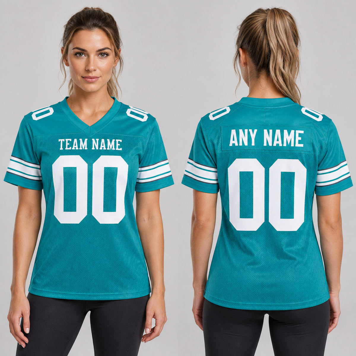 Custom Aqua Mesh Authentic Football Jersey with White Lettering worn by female model