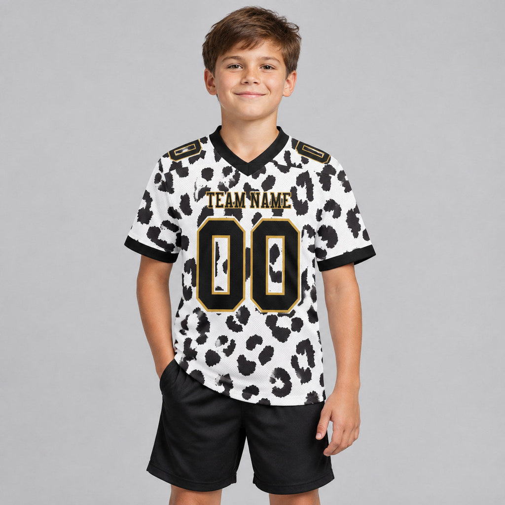 Custom White Leopard Print Authentic Football Jersey with Black and Old Gold Lettering youth size worn by child model