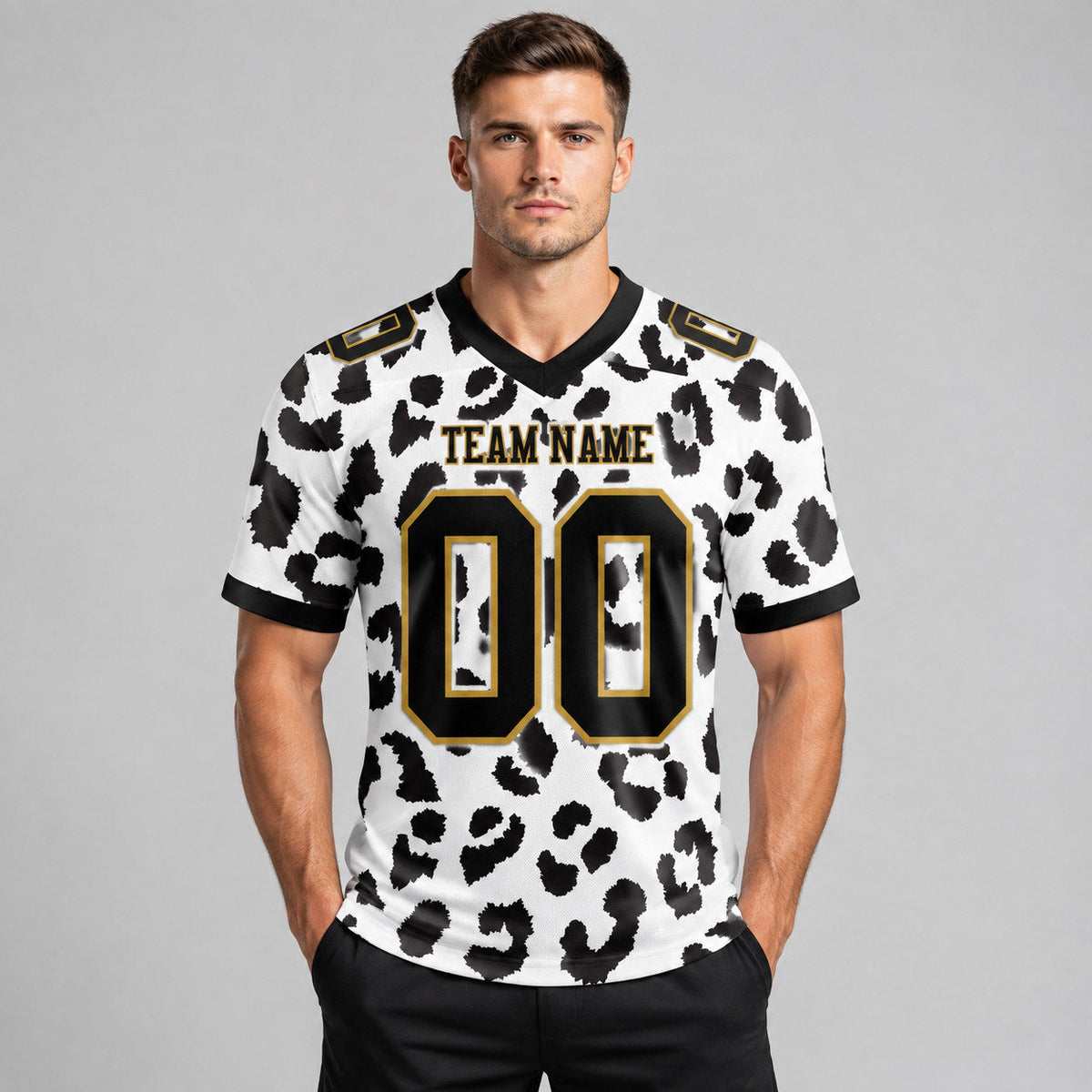 Custom White Leopard Print Authentic Football Jersey with Black and Old Gold Lettering worn by male model
