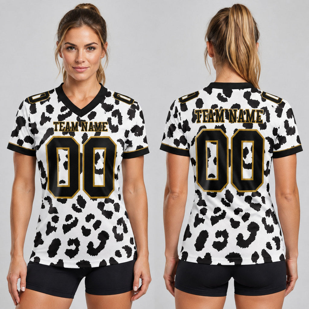 Custom White Leopard Print Authentic Football Jersey with Black and Old Gold Lettering worn by female model
