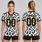 Custom White Leopard Print Authentic Football Jersey with Black and Old Gold Lettering worn by female model