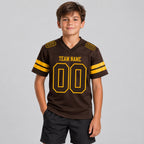 Custom Brown Mesh Authentic Football Jersey with Brown and Gold Lettering youth size worn by child model
