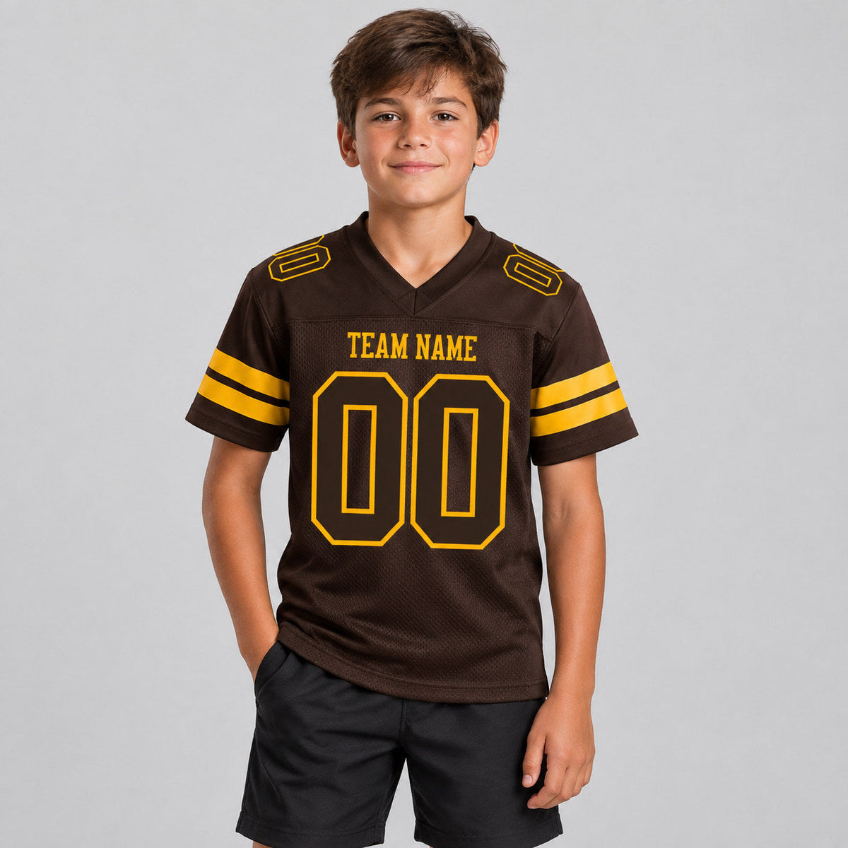 Custom Brown Mesh Authentic Football Jersey with Brown and Gold Lettering youth size worn by child model