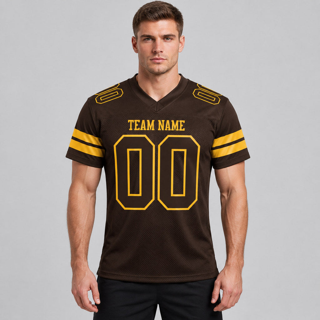 Custom Brown Mesh Authentic Football Jersey with Brown and Gold Lettering worn by male model