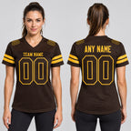 Custom Brown Mesh Authentic Football Jersey with Brown and Gold Lettering worn by female model