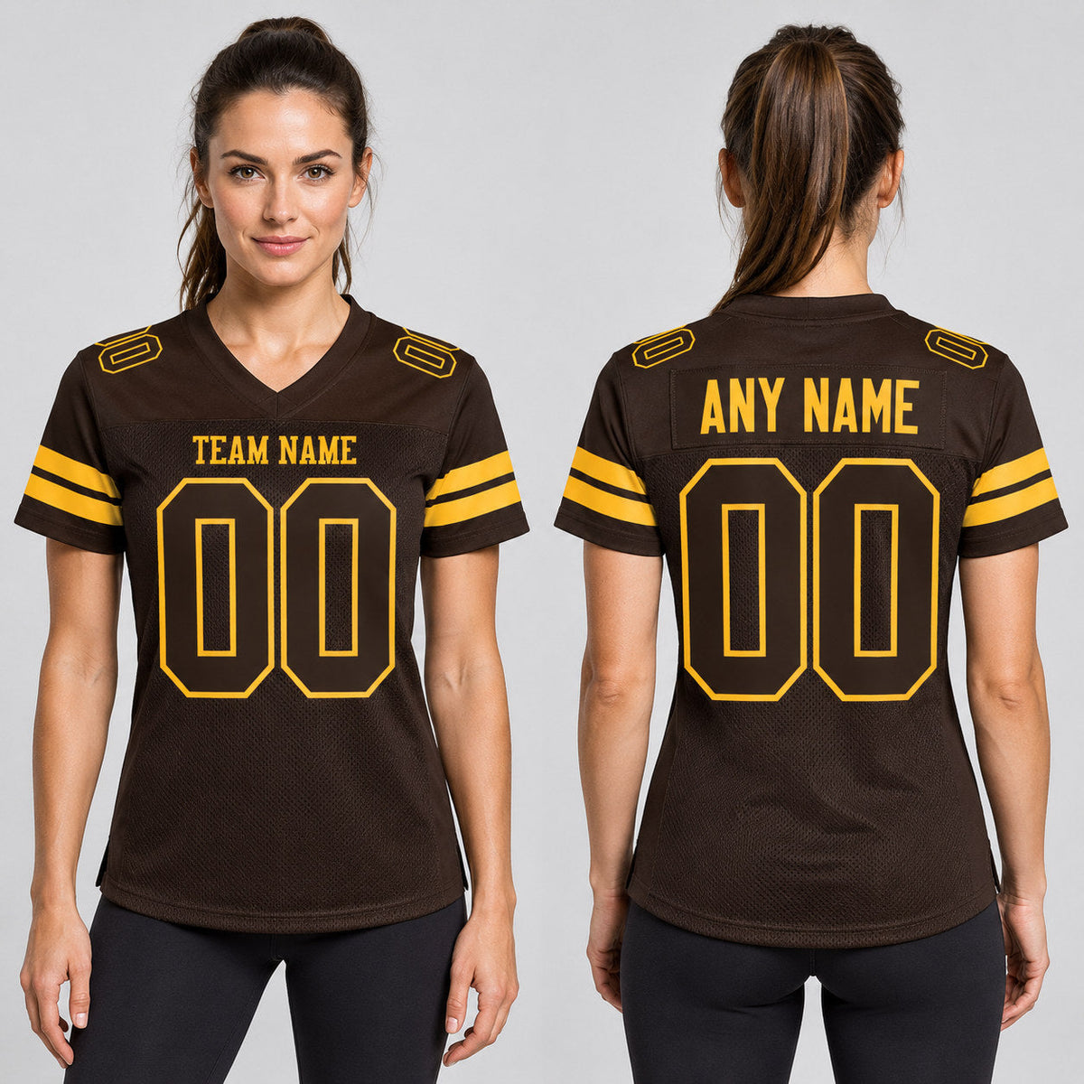 Custom Brown Mesh Authentic Football Jersey with Brown and Gold Lettering worn by female model