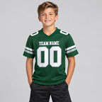 Custom Green Authentic Football Jersey with White and Gray Lettering youth size worn by child model