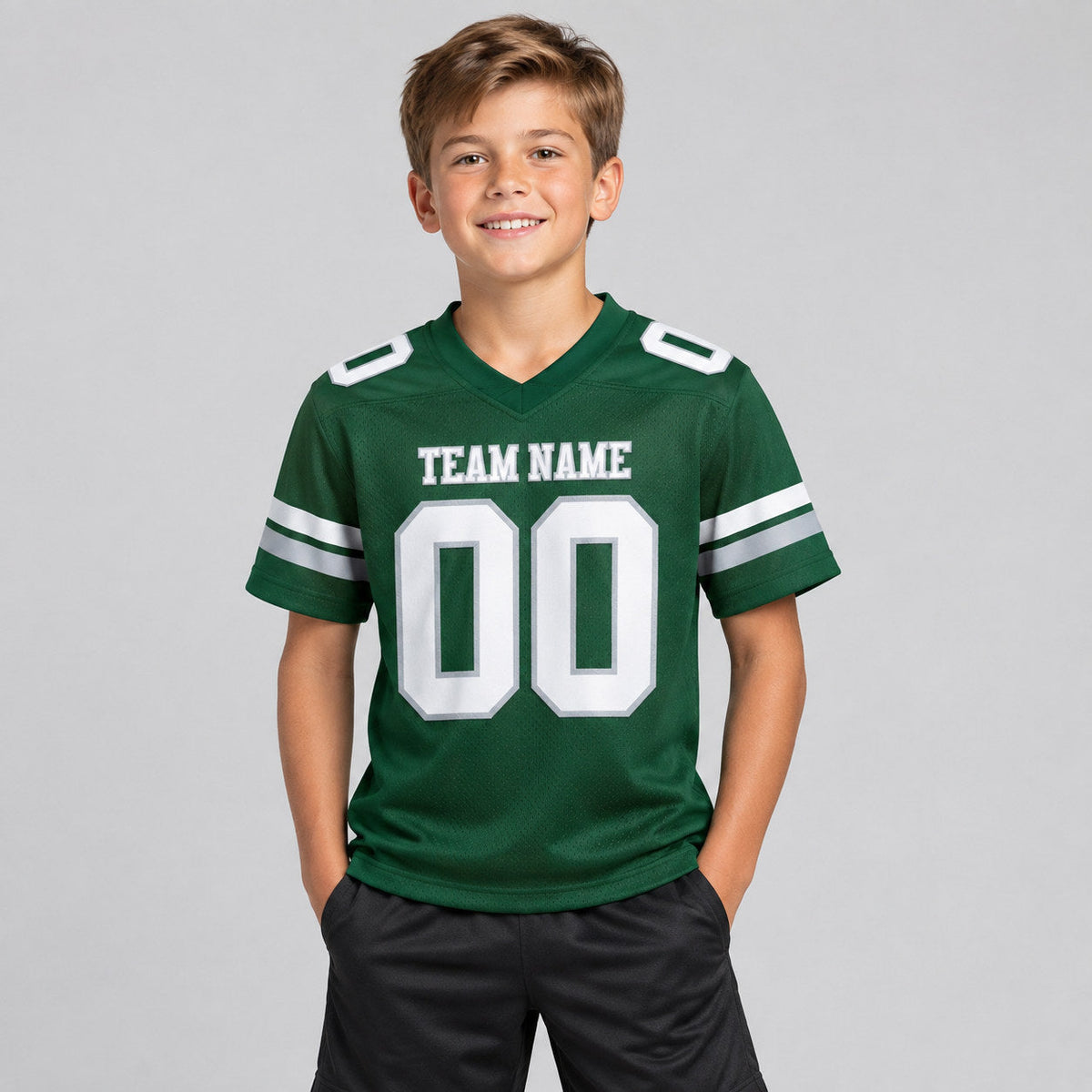 Custom Green Authentic Football Jersey with White and Gray Lettering youth size worn by child model