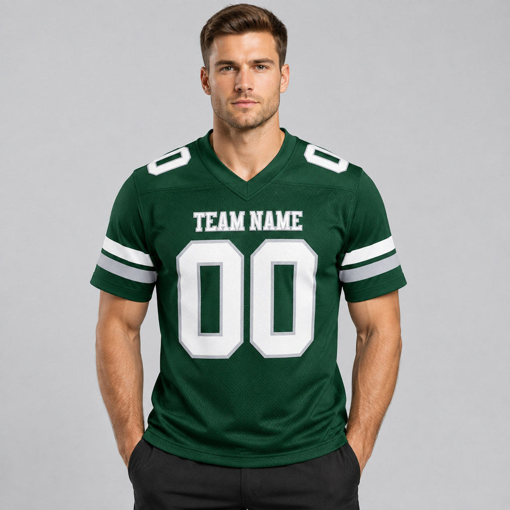 Custom Green Authentic Football Jersey with White and Gray Lettering worn by male model