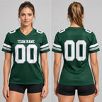 Custom Green Authentic Football Jersey with White and Gray Lettering worn by female model
