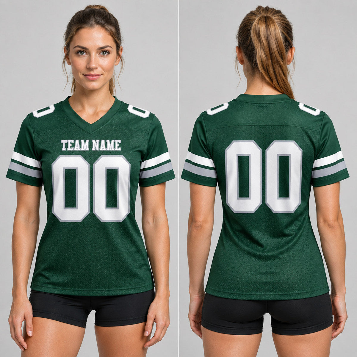 Custom Green Authentic Football Jersey with White and Gray Lettering worn by female model