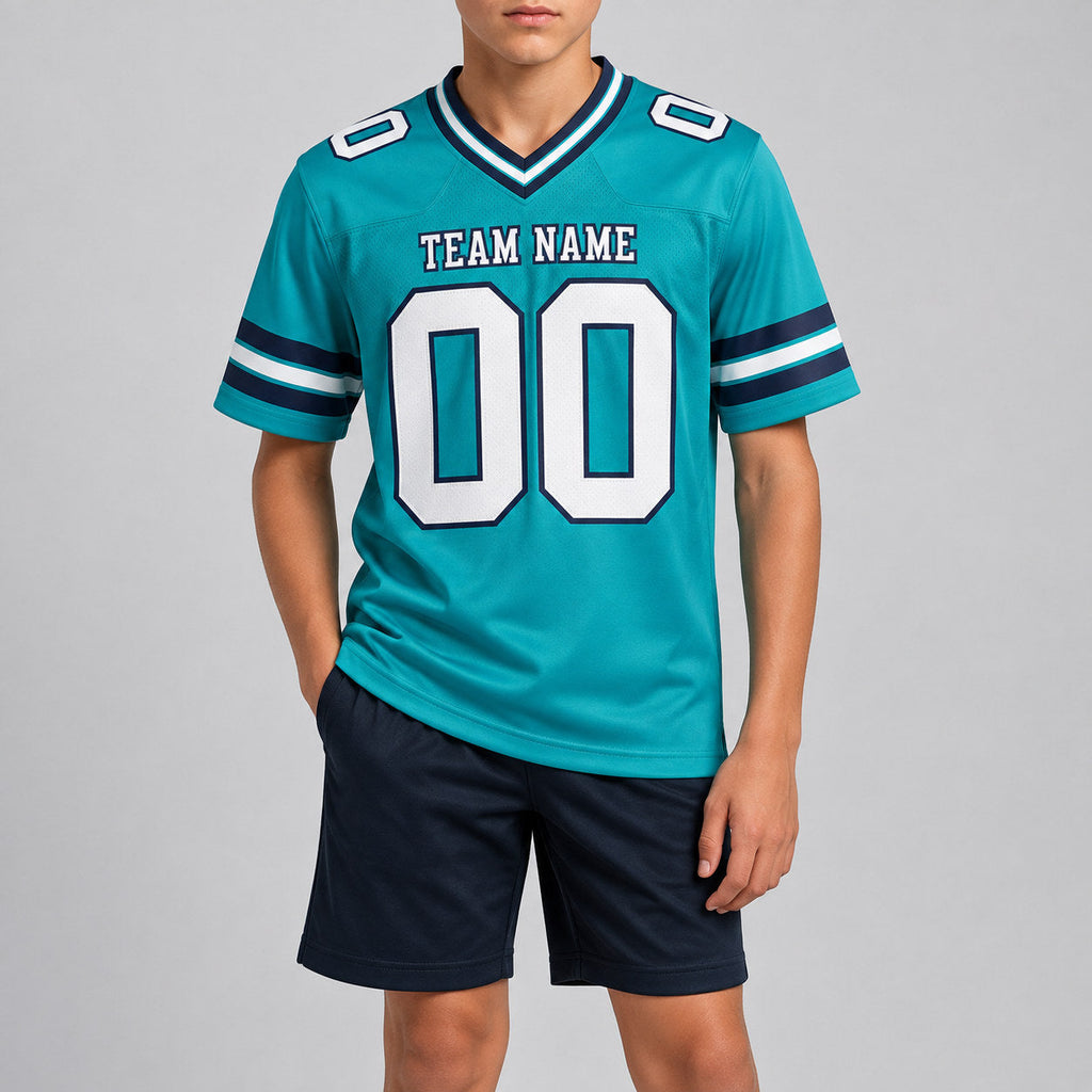 Custom Aqua Authentic Football Jersey with White and Navy Lettering Design 0220 youth size worn by child model