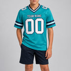 Custom Aqua Authentic Football Jersey with White and Navy Lettering Design 0220 youth size worn by child model
