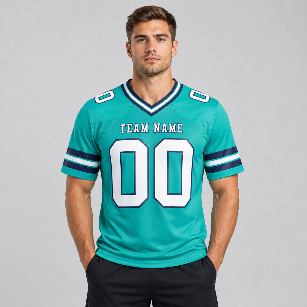 Custom Aqua Authentic Football Jersey with White and Navy Lettering Design 0220 worn by male model