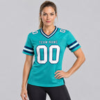 Custom Aqua Authentic Football Jersey with White and Navy Lettering Design 0220 worn by female model