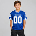 Custom Royal Mesh Authentic Football Jersey with White Lettering Design 0784 youth size worn by child model
