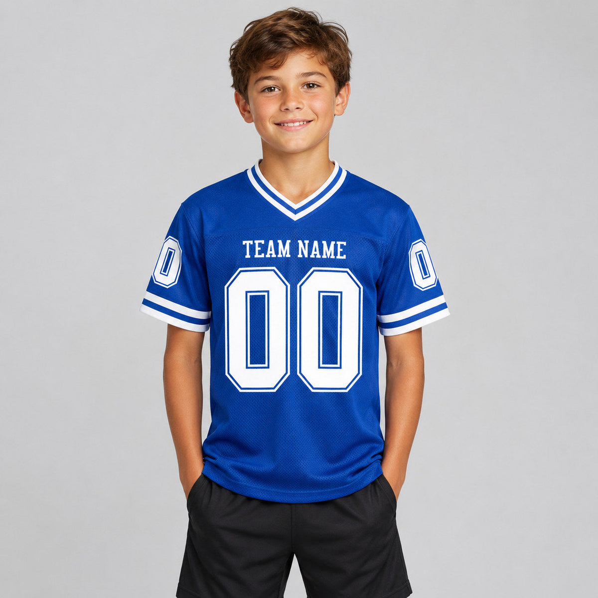 Custom Royal Mesh Authentic Football Jersey with White Lettering Design 0784 youth size worn by child model