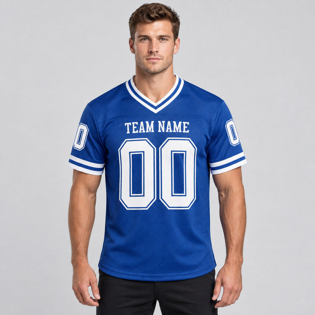 Custom Royal Mesh Authentic Football Jersey with White Lettering Design 0784 worn by male model
