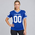 Custom Royal Mesh Authentic Football Jersey with White Lettering Design 0784 worn by female model