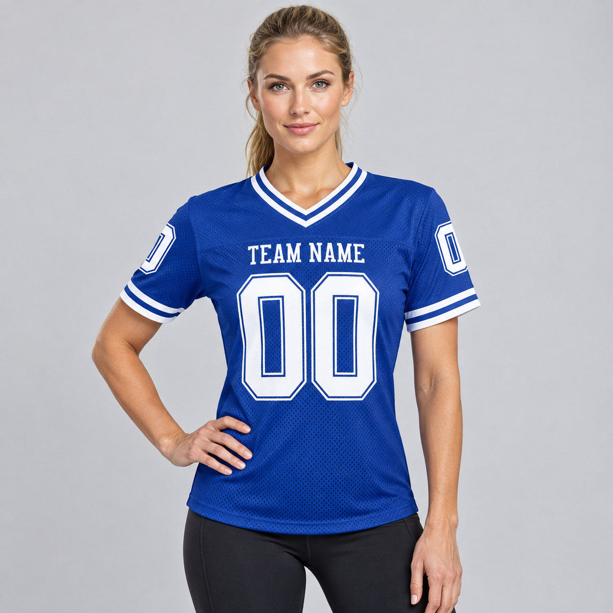 Custom Royal Mesh Authentic Football Jersey with White Lettering Design 0784 worn by female model