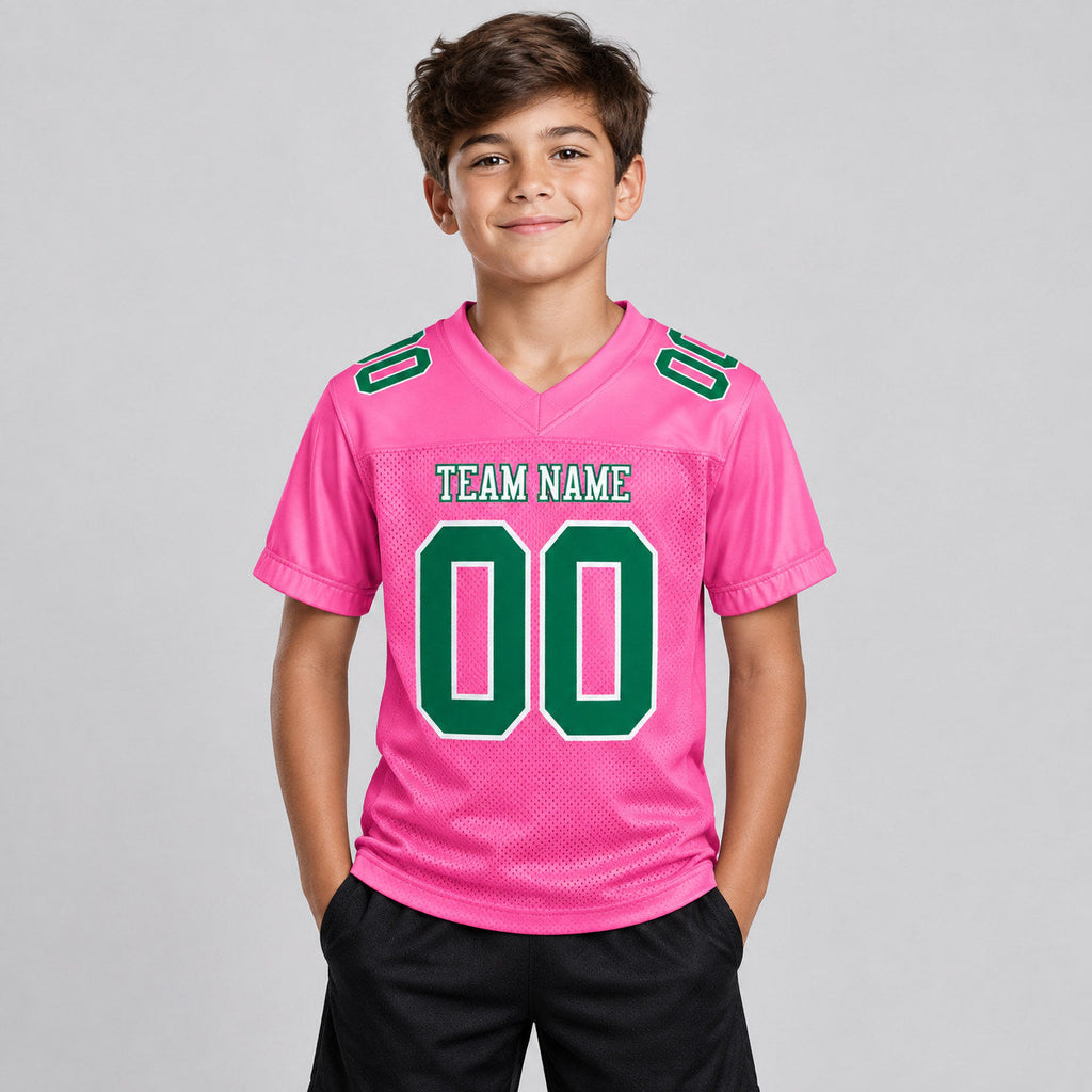 Custom Pink Mesh Authentic Football Jersey with Kelly Green and White Lettering Design 0174 youth size worn by child model