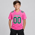 Custom Pink Mesh Authentic Football Jersey with Kelly Green and White Lettering Design 0174 youth size worn by child model