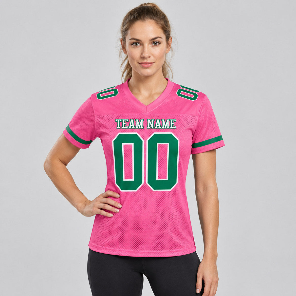 Custom Pink Mesh Authentic Football Jersey with Kelly Green and White Lettering Design 0174 worn by female model