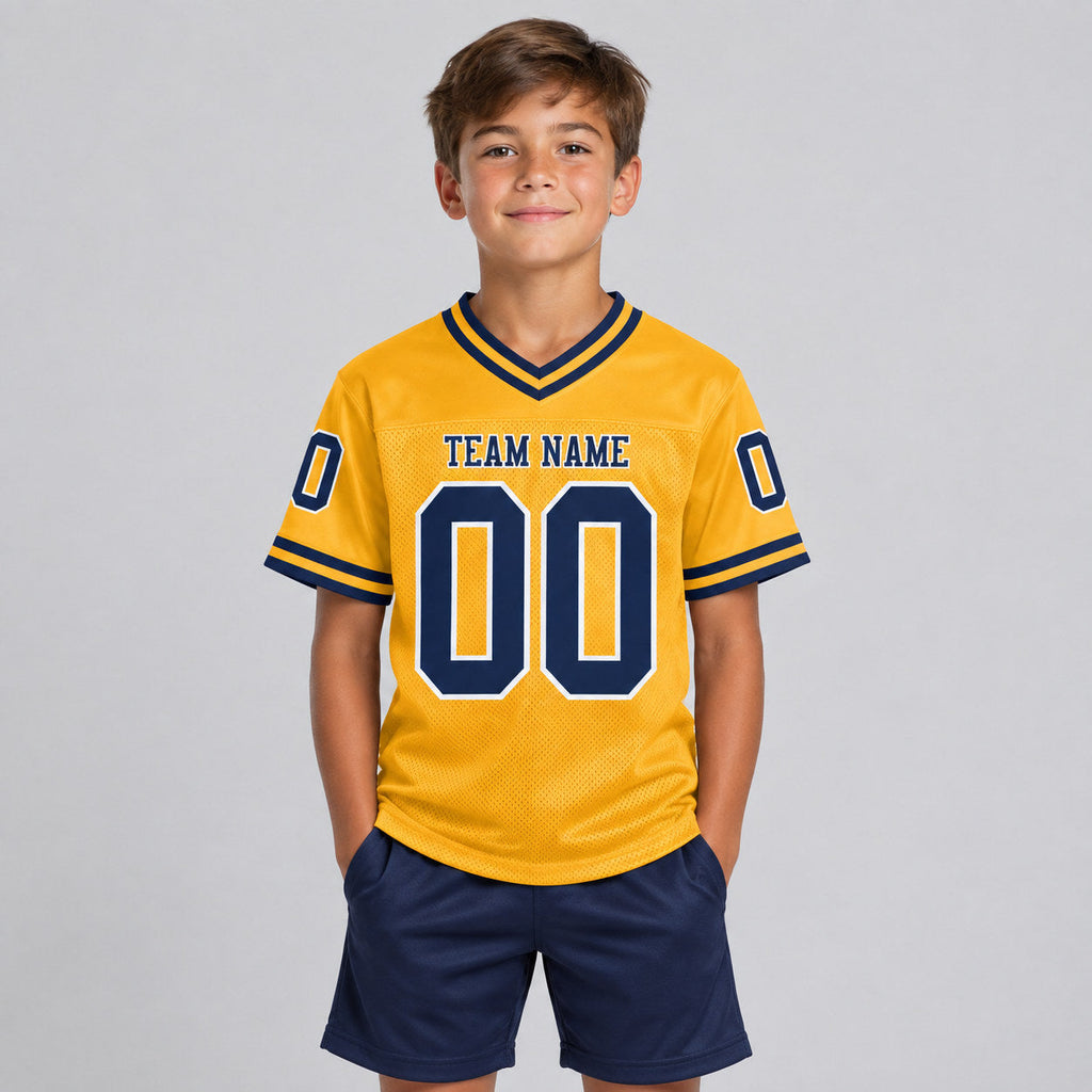 Custom Gold Mesh Authentic Football Jersey with Navy and White Lettering Design 0125 youth size worn by child model