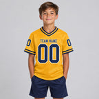 Custom Gold Mesh Authentic Football Jersey with Navy and White Lettering Design 0125 youth size worn by child model