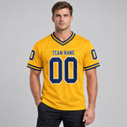 Custom Gold Mesh Authentic Football Jersey with Navy and White Lettering Design 0125 worn by male model