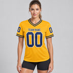 Custom Gold Mesh Authentic Football Jersey with Navy and White Lettering Design 0125 worn by female model