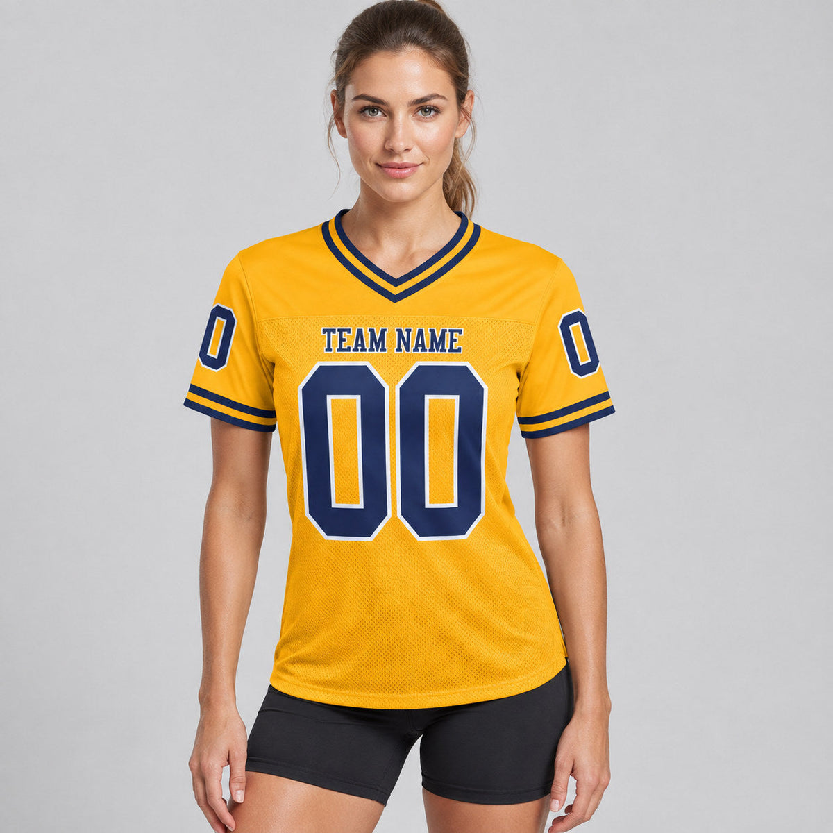 Custom Gold Mesh Authentic Football Jersey with Navy and White Lettering Design 0125 worn by female model