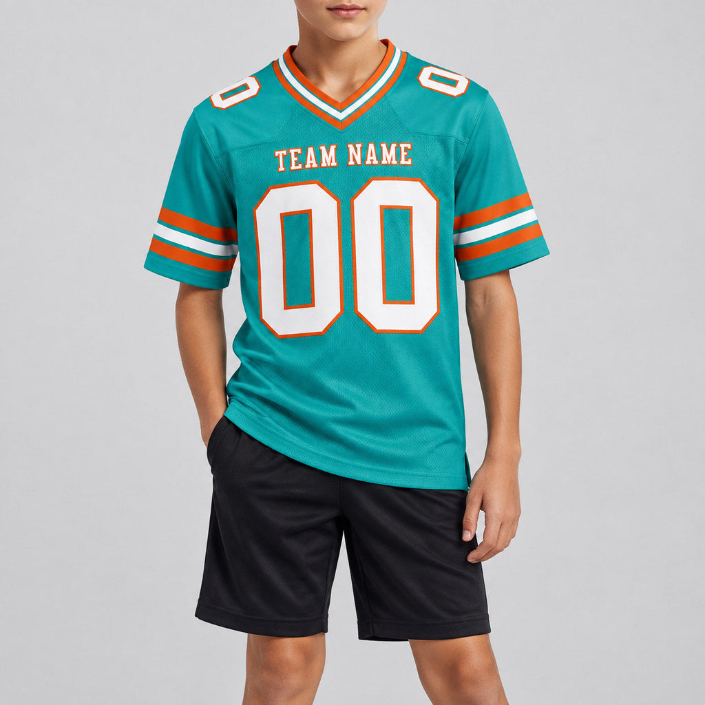 Custom Aqua Authentic Football Jersey with White and Orange Lettering Design 0215 youth size worn by child model