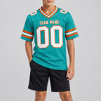 Custom Aqua Authentic Football Jersey with White and Orange Lettering Design 0215 youth size worn by child model